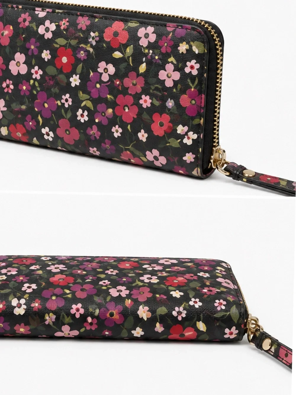 kate spade Black Floral Zip-Around Wristlet Wallet with Pink & Red Flowers